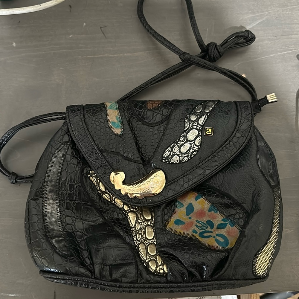 Vintage NEW WAVE 80S NAS Black Gold Blue Patchwork SNAKE SKIN Purse KOREAN